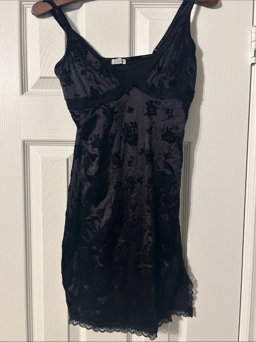 Garage Black Satin Floral Burnout Lace-Trim Slip dress